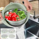 SHEIN Kitchen Colander Set With Plastic Mixing Bowl 360Â°Rotating Food Strainers With 3 Thread Graters Stainless Steel Pasta Strainer With Handle Lid Rice S