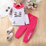 Young Girls Letter  Leopard Print Color Block Hoodie And Pants Set - Red and White - 6Y,7Y,4Y,5Y
