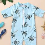 Baby Girls Short Sleeved Coconut Tree Cartoon Print Swimsuit, Kids Swimming Beach Sunscreen Jumpsuit
