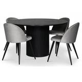 Nova spisebordssæt; rundt spisebord Ø130 cm, sortbejdset eg + 4 Alice spisebordsstole, Grå fløjl