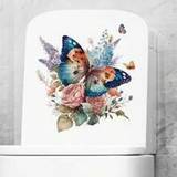 SHEIN 1pc Bathroom Toilet Stickers, Colorful Butterflies And Flowers Toilet Sticker, Cover Ceramic Tile Sticker, Restroom Renovation Removable Tile Stickers