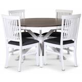 Skagen spisebordssæt; rundt spisebord Ø120 cm - Hvid/brunolieret eg med 4 Fårö stole (Ribber i ryggen) med gråt stofsæde