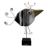 Glasfigur fugl i grå og sorte farver. Fantasifuld håndlavet glasfugl til pynt.