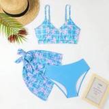Girls Swimsuit Set With Floral Print - Baby Blue - 14Y,13Y,16Y,15Y