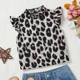SHEIN Young Girl's Daily Casual Cap Sleeve Leopard Print Blouse