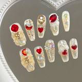 SHEIN 10 Pcs Extra-Long Coffin Shaped False Nails With Handmade Ultra-High Sense Of Blood-Red & White Color, Heart Shaped & Crescent Moon Rhinestones Decor,