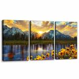 SHEIN 3 Pieces Mountain Canvas Wall Art For Living Room Nature Landscape Picture Sunflower Wall Decor For Bedroom Home Decoration Ainting Artwork No Frame