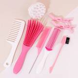 SHEIN 8pcs Hair Comb Set Including Natural Hair Shedding Brush & Comb, Curling Brush, Silicone Shampoo Brush, Make Hair Washing Easier & Faster, Suitable Fo