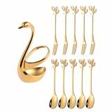 SHEIN 10 Stainless Steel Dessert Forks & Spoons With 1 Swan-Shaped Holder, Coffee Spoon, Fruit Fork, Perfect For Family Afternoon Tea, Cafe, Parties And Hol