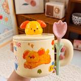 SHEIN 1pc Lovely Ceramic Cup With Lid & Spoon, Rabbit/Dog/Horse Print, Home/Office/Coffee/Milk/ Breakfast Mug, Couple Cup