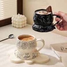 ml Cartoon Irregular Ceramic Mug Lovely Graffiti Handmade Coffee Cup With Creative English Letters And Rabbit Design Suitable For Office Breakfast Mil - Multicolor - Black,White
