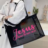 SHEIN 1pc Faith Over Fear Christian Printed Mesh Tote Bag,To Express Your Beliefs Mesh Tote Bag Gift,Breathable Large Capacity,Waterproof, Multi-Purpose Pri