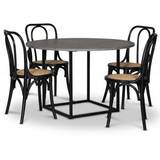 Sintorp spisebordssæt, rundt spisebord Ø115 cm inkl. 4 stk. Samset sorte stole i bøjet træ - Beton (Laminat) + Møbelfødder
