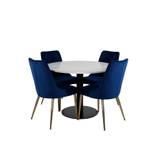 RazziaWH spisebordssæt spisebord terazzo hvid og 4 Velvet Deluxe stole velour blå, messing dekor.