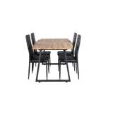 IncaNABL spisebordssæt spisebord udtræksbord længde cm 160 / 200 elletræ dekor og 4 Slim High Back stole PU kunstlæder sort.