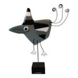 Glasfigur fugl i sorte og grå farver. Festlig glasfugl med tophat, højde ca. 20 cm.