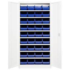 Opbevaringsskab med 36 blå kasser 1980x980x470mm lys grå dør