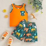SHEIN Young Boy Cartoon Animal Print Vest And Casual Sports Shorts Set For Summer