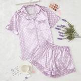 SHEIN Teen Girl Purple Satin Fabric Short Sleeve Shirt With White Polka Dot Print And Shorts Casual Home Outfits