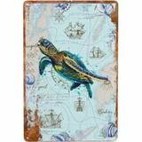 pcVintage Nautical Sea Turtle Metal Sign  Rustic Ocean Map Wall Decor Maritime Adventure Aesthetic Antique Sailing Ships Compass  Shell Accents Perfec - Multicolor - one-size