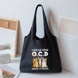 SHEIN One Black Fashionable Ladies Canvas Bag With Three Cat OCD Printed Pattern, Vest Tote Bag, Portable Shopping Bag For Traveling And Everyday Use Backpa
