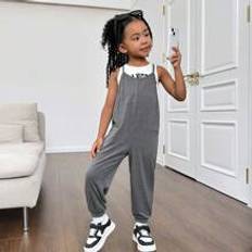 Young Girl Daily Casual Spring Summer Knitted Solid Color Spaghetti Strap Jumpsuit - Grey - 6Y,7Y,4Y,5Y