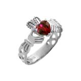 Red CZ Trinity Band Heart Gemstone Ring in Sterling Silver