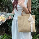 SHEIN Fashion Pure Color Decorative Scarf, Versatile Casual Elegant Tote Beach Woven Bag With Faux Wood Handle For Summer Holiday