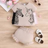 SHEIN Baby Girl 2-Piece Set Fashionable And Casual Cute Zebra And Unicorn Print Top And Shorts