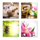 4 stk Feng Shui billeder med buddha, blomst og sten 29x29 cm