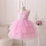 SHEIN Young Girls Gorgeous Cap Sleeves Pink Shell Nail Beaded Mermaid Princess Tulle Cake Dress