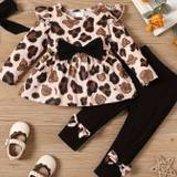 3pcs Baby Girls Stylish Outfit - Leopard Print Flying Sleeve Top + Bow Elastic Pants Set With Headband