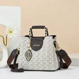 SHEIN Free Leaf Pendant Women Fashionable Shoulder Bag With Printed Letter. Multi-Layer Wide Strap Bag, Suitable For Mother. Versatile Retro Tote Bag With L
