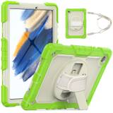 For Samsung Galaxy Tab A8 10.5 (2021) Wi-Fi SM-X200/LTE SM-X205 Well-protected PC + Silicone + PET Screen Protector Tablet Case Swivel Kickstand Hand Strap Cover with Shoulder Strap - Yellowgreen