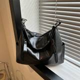 Simple Solid Color PU Leather Tote Bag Womens Elegant Large Size Commuting Shoulder Bag Portable Satchel Shopping Bag Fashion New Business Casual Buck - Black