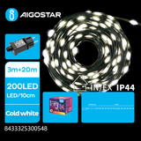PVC LED Lyskæde, Kold Hvid, 3M+20M, 200 LED - 10cm/LED | Grøn/Sort Ledning | 8 Blinkfunktioner + Timer | IP44