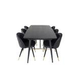 Gold spisebordssæt spisebord udtræksbord længde cm 180 / 220 sort og 6 Velvet stole PU kunstlæder sort , .