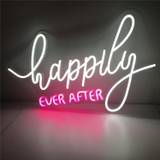 SHEIN Happy Ever After Neon Sign White Letters LED Neon Advertising Sign Night Lights Easy To Install Hanging Neon Drative Signs Used For Wall Bedside Wall