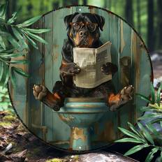 "whimsical Decor" Rottweiler Reading Newspaper - 8x8" Round Aluminum Sign | Durable & Uv Protected Metal Wall Decor For Home, Indoor/outdoor Use