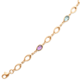 Støvring Design's Super smuk og elegant armbånd i 8 karat guld. Smukke asymetriske ovale led, nogle led med lilla amethyst og blå topas. Længde 19 cm