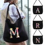 SHEIN Women Fashion Shoulder Bag Large Capacity Tote Bags Initial Name A To Z Pink Letter Flower Print Handbags Canvas Shopping Bag Organizer For Outdoors