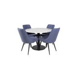 EstelleØ106WHBL spisebordssæt spisebord hvid, marmor og 4 Velvet Deluxe stole blå, sort.