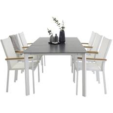 havesæt, m. Santorini bord (200x100) og 6 Texas stole, m. armlæn - glas/alu/textilene