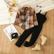 Young Girl Plaid Print Flap Detail Shirt  Cami Jumpsuit - Coffee Brown - 6Y,7Y,4Y,5Y
