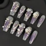 SHEIN 10pcs Long Pure Desire Gentle And Elegant Wind Cheeky Purple Rhinestone Metallic Butterflies Handmade Removable Reusable False Nails With 1pc Jelly Gl