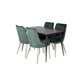 SilarBLExt spisebordssæt spisebord udtræksbord længde cm 120 / 160 sort og 4 Velvet Deluxe stole velour grøn, messing dekor.