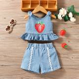 SHEIN Patpat 2pcs Baby Girl Strawberry Print Ruffled Denim Tank Top And Lace Trim Denim Shorts Set