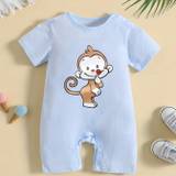 Adorable Monkey Cartoon Print Cotton Baby Jumpsuit - Short-sleeved Newborn Onesie