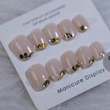 SHEIN 100% Pure Handmade Press On Nails Glitter Golden Sequins Hypotenuse Nude Color 10pcs Short Nails Nail Art Design French Style Fake Nails For Daily Use