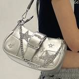 SHEIN Y2K Style Versatile Star & Moon Shaped Bag With Unique Design, Sweet & Cool Shimmering Silver Millennium Shoulder & Underarm Chains Bag, Perfect For G